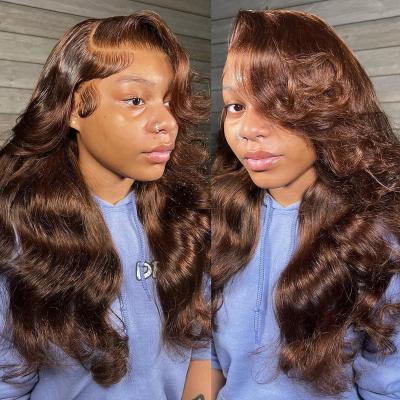 China Body Wave Chocolate Brown HD Lace Front Wig Human Hair Body Wave Human Hair Wigs 180% Full Density Straight Light Brown Lace Frontal Wig for sale