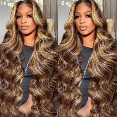 China Body Wave Highlight HD Lace Front Wig Human Hair 13X6 Body Wave Human Hair Wigs 180% Density Honey Blonde Curly Ombre Lace Frontal Wig for sale