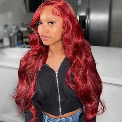 China Body Wave 99J Burgundy HD Transparent Lace Front Wig Human Hair 13x4 Bod Wave Red Colored Straight Lace Frontal Wigs Pre Plucked for sale