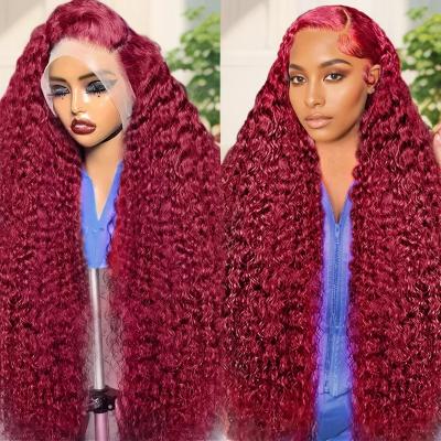 China Deep Wave 99J Burgundy HD Lace Front Wig Human Hair 13X4 Deep Wave Curly Red Colored Lace Frontal Human Hair Wigs for Women Lace Front Wig for sale