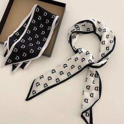 China WANG-HB-524-003 French Elegant Hair Tie Headband Scarf Letter D Print Skinny Scarf For Women Head Scarf Or Long Handle Bag Ribbons for sale