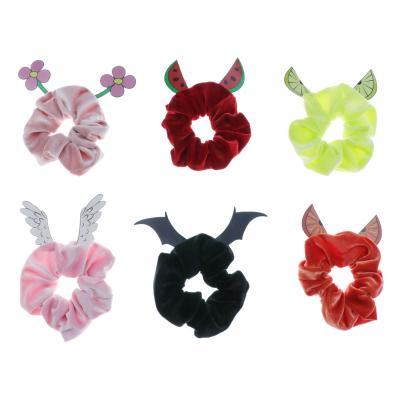 China New Design/Lovely High Quality Velvet Elastic PU In Fruit Print Ear Scrunchies Hair Band For Girls And Women for sale