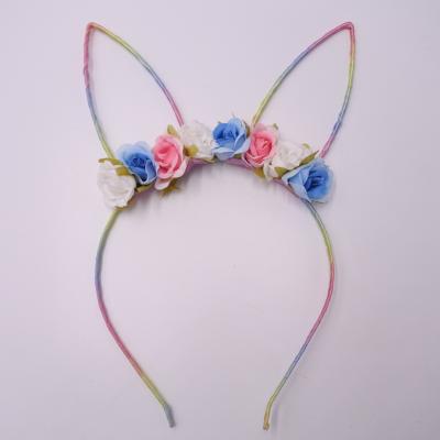 China MLS-BF-HB-4391-1 colorful ribbon wrapped bunny ear with cute flower decoration design headband for lovely girls for sale