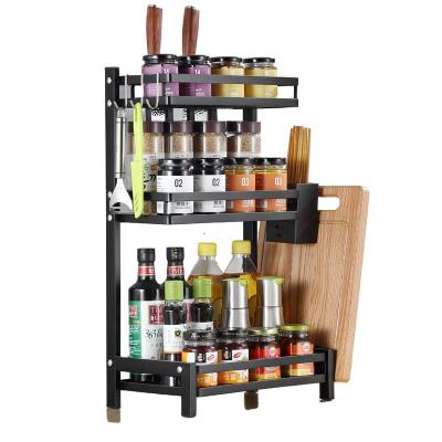 China Viable Stainless Steel Countertop Black Tube Kitchen Utensils Tier Container 3 Spice Storage Shelf Knife Seasoning Rack for sale