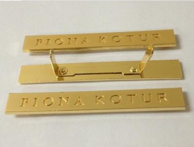 China Clip on metal name plate with chemical photo etched letters, gold plated, OEM sign plates, for sale