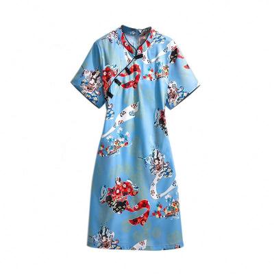 China Chinese Style Modern Floral Short Sleeve Dress Anti-Static Dress Cheongsam for sale