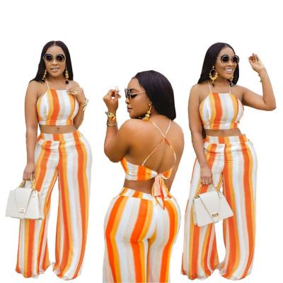 China 2 Pieces Digital Printing Halter Breathable Striped Backless Casual Pantsuit Women Set 2021 Summer Hot Sale for sale