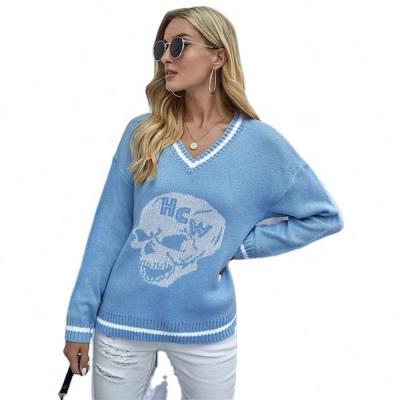 China C62706Ladies Anti-wrinkle Sweater Acrylic Skull Printing Pullovers Drop Shoulder Women's Color Slouchy Sweater for sale