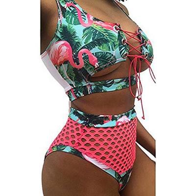 China African Print Mesh Hollow Out Beach Cover Up Floral Women Breathable Two Piece Set High Waist Swimwear Bathing Suits for sale