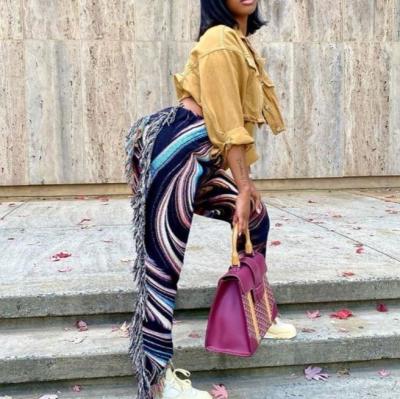 China 2021 Spring/Summer Sustainable Hot Sale Printed Women Pants Casual Fashion Colored Velvet Fringed Trousers for sale