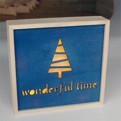 China Eco - Friendly Blue Rectangle Christmas Tree Engraved Wooden X'mas Ornament for sale