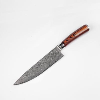 China Minimalist 8 Inch High Quality Red Colored Wood Kitchen Knife Damascus Steel Hot Selling Vg10 for sale