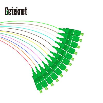 China FTTH FTTB FTTX 12core SC/APC UPC 1M 2M 3M 9/125 colors braid SM fiber optic pigtail SM fiber optic pigtail G657A 0.9mm for sale