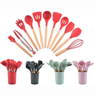 China Viable Hot Red Silicone Kitchen Utensils Set With Bucket Cookware Set With Wooden Handle 12 Pieces Kitchen Houseware Dropshipping for sale