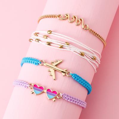 China 2021 cute new style cute gold plated handmade woven alloy enamel colorful heart kids girl bracelet set for sale