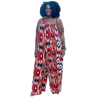 China Anti-pilling new hot sale printed M to 3XL women's plus size loose leg pants wide leg overalls with pockets for sale