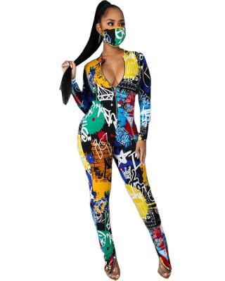 China Anti-pilling new D2207 - women fashion long sleeve bodycon printed jumpsuit for sale