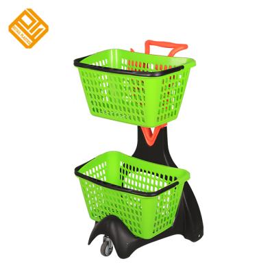 China Plastic Unfolding Pickup 2 Tiers Double Baskets Shopping Trolley Trolley for sale