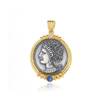 China Vintage AMYAOO Light Portrait Retro Luxury Medieval Ancient Greek Coin Queen Pendant Necklace Sterling Silver for sale