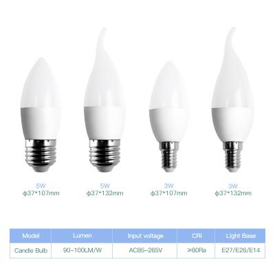 China Residential E27 E14 B22 3W 5W LED Bulb Manufacturer Aluminum PC Cover Housing LED Bulb Light Candle Bulb for sale