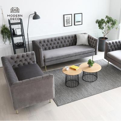 China Fabric Velvet Adorned Sofa Set Furniture Living Room 3 2 1 Seat Gray Modern Chesterfield for sale