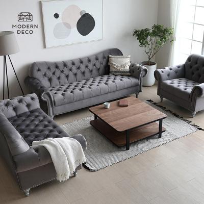 China 3 tufted 2 1 seater gray blue pink green Chesterfield sofaset gray tufted living room modern sofa American furniture sofa set velvet sofa set for sale