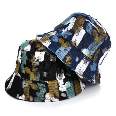 China Plush Custom Graffiti Hat Tie Dye Denim Outdoor Fisherman Bucket Basin Hat for sale