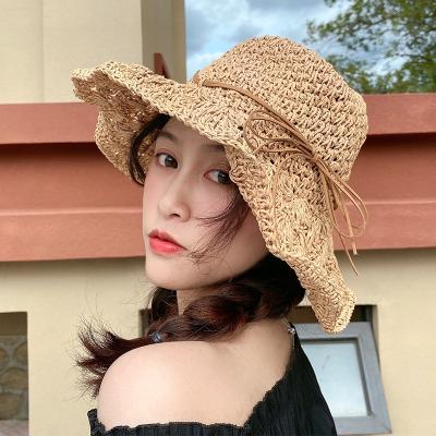 China Character Braid Sun Visor Bucket Covers Brim Wide Folding Straw Beach Hats Raffia for sale