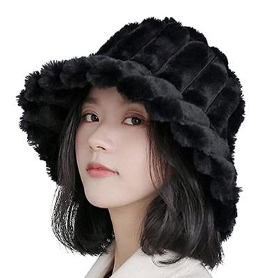 China Plush Women's Bucket Hat With Wide Brim Faux Fur Fleece Winter Brim Warmer Plush Fisherman Hats for sale