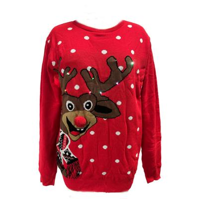 China Anti-Wrinkle Wholesale Customized Long Sleeve Women Knitted Sweater Nose Sweater Red Ugly Christmas With Led Light for sale