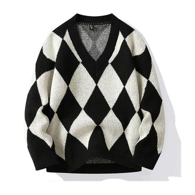 China Anti-wrinkle Winter Fashion Knitwear Argyle Jacquard Pattern Designs Men's V-Neck Sweater Hot Selling Sweater for sale