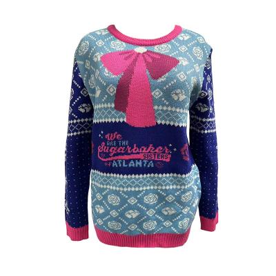 China 2022 new Anti-wrinkle women knit sweater cute bow jacquard design knitted girls sweater for sale