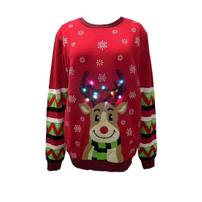 China Anti-wrinkle christmas sweater ugly reindeer jacquard knitted custom christmas sweater with led light for sale