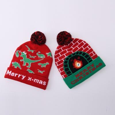 China breathable & Waterproof Flip Cap Christmas Pattern Beanie Hats With Ball On Knitting Top Support Customized Beanie Hats With Logo for sale