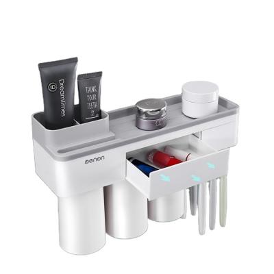 China Multi-Functional Wall Mounted Family Bathroom Custom Wall Shelf Viable Storage Plastic Toothbrush Holder With 3 Cups for sale