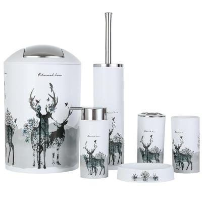 China New Design Sustainable Plastic Bathroom Organizer Set European Plastic Custom Elk Printed 6pcs Bathroom Accessories Sets For Home And Hotel for sale