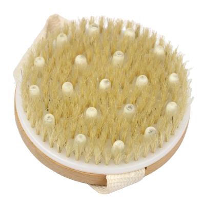 China Body Round Shape Wooden Massager Brush With Point And Plastic Belt for sale