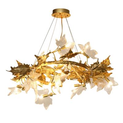 China HITECDAD Vintage Maple Leaf Luxury Indoor Copper Glass Chandelier Around Staircase G9 Chandelier Villa Design Pendant Lamp for sale