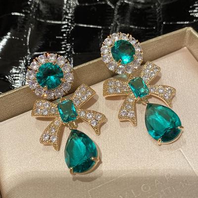 China Bohomoon Green Diamond Bow Tie Big Water Drop Earrings Romantic Zircon Crystal Bright Silver Needle Earrings for sale