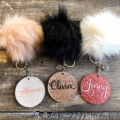 China Decoration Acrylic Key Chain Personalized Pom Pom Glitter Acrylic Custom Keychain Gift For Her Boujee Key Chain for sale