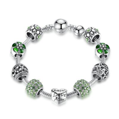 China Sterling Silver Snake Chain DIY Charm Bracelet With Barrel Clasp Green CZ Beads for sale