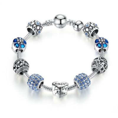 China Antique Silver Flower Crystal Ball Custom Charm Bracelets For Girls With Blue CZ Beads for sale