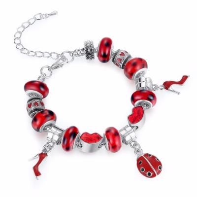 China Fashion Pandora Silver Charm Bracelet With Red Color Multi Shaped Beads For Women for sale