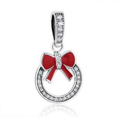 China Wreath with Red Bow Dangle 925 Sterling Silver Pendants Fit European Charms Bracelets for sale