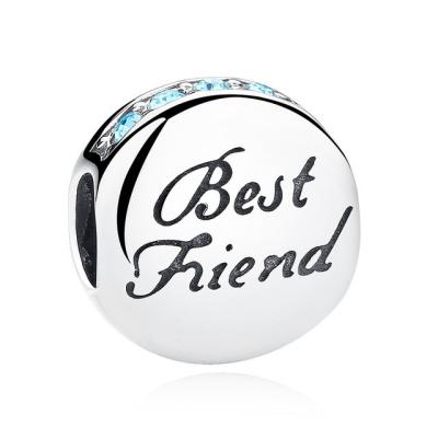 China Blue CZ 100% 925 Sterling Silver Charms with Best Friend Engraved For Friendship Gift for sale