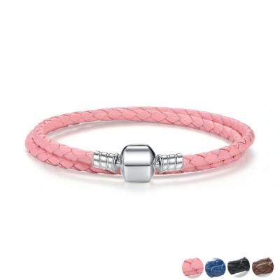 China Sterling Silver Genuine Pink Womens Leather Jewelry Adjustable Bracelets with Snake Clasp for sale