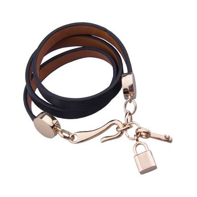 China Brown Color Women's Leather Wrap Bracelets With Lock And Key Charm for sale