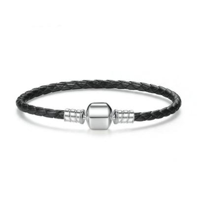 China Braided Black Leather Bracelet with Magnetic Silver Lock Clasp For Women for sale