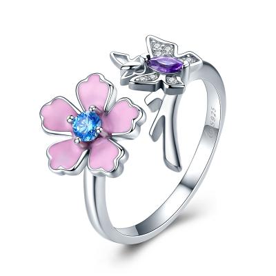 China Amor de los anillos de la plata esterlina de las mujeres 925 de la mariposa con la flor rosada en venta