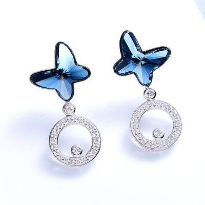 China Women Crystals 925 Sterling Silver Earrings Butterfly Shaped 1.8 * 0.8cm for sale